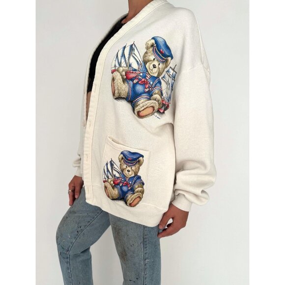 90s vintage nautical sailboat teddy bear graphic button up sweatshirt cardigan - Picture 3 of 9